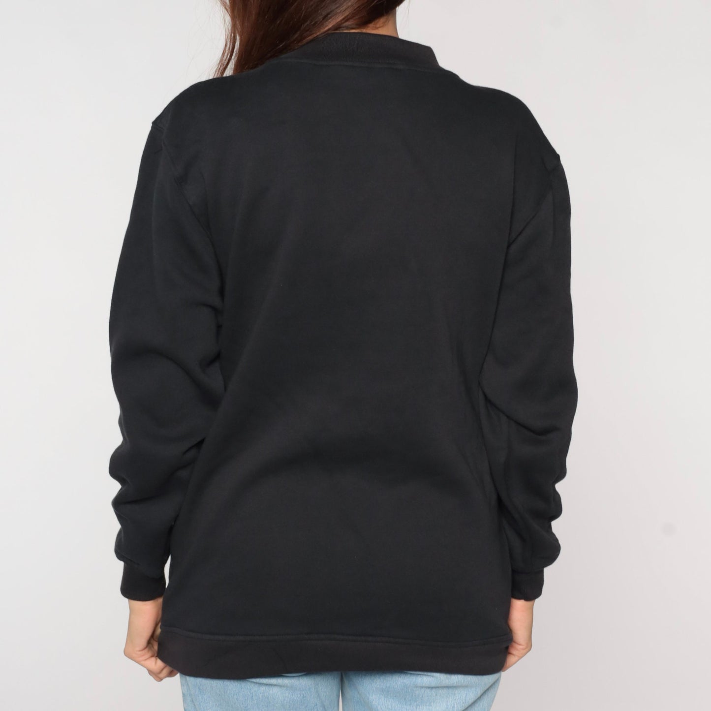00s Black Snap-Up Sweatshirt Jacket Plain Crewneck Medium M