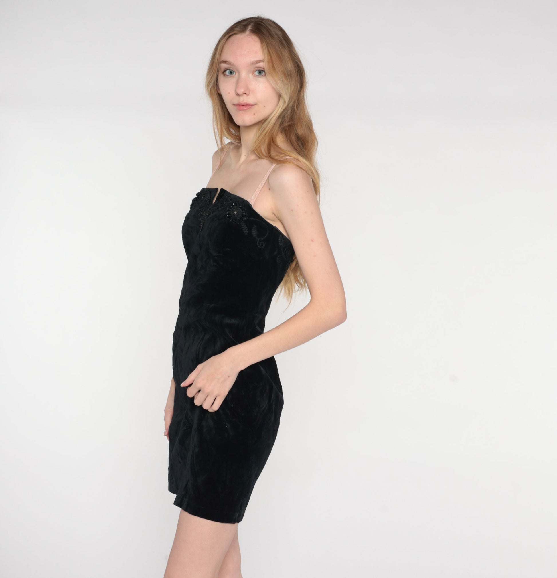 80s Black Velvet Strapless Mini Dress Beaded Embroidery Small