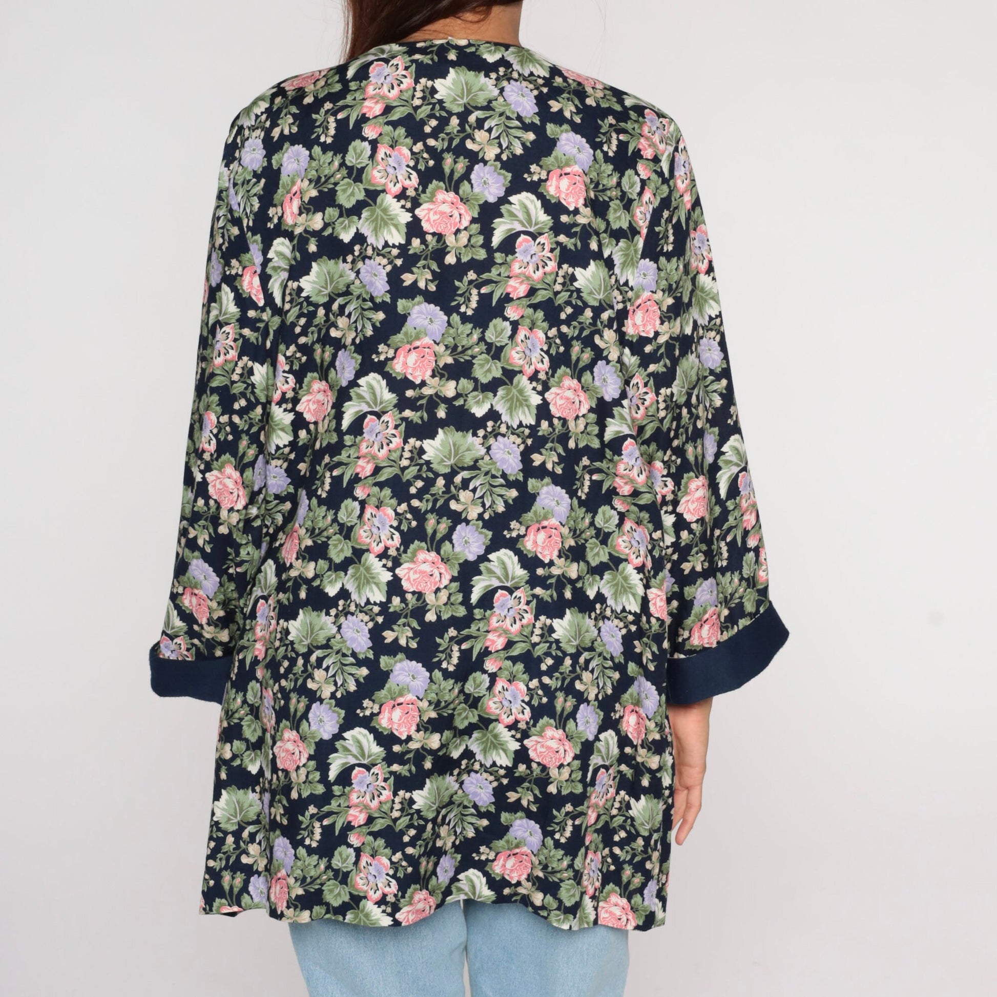 90s Navy Floral Open Front Jacket Rayon Long Sleeve Large L