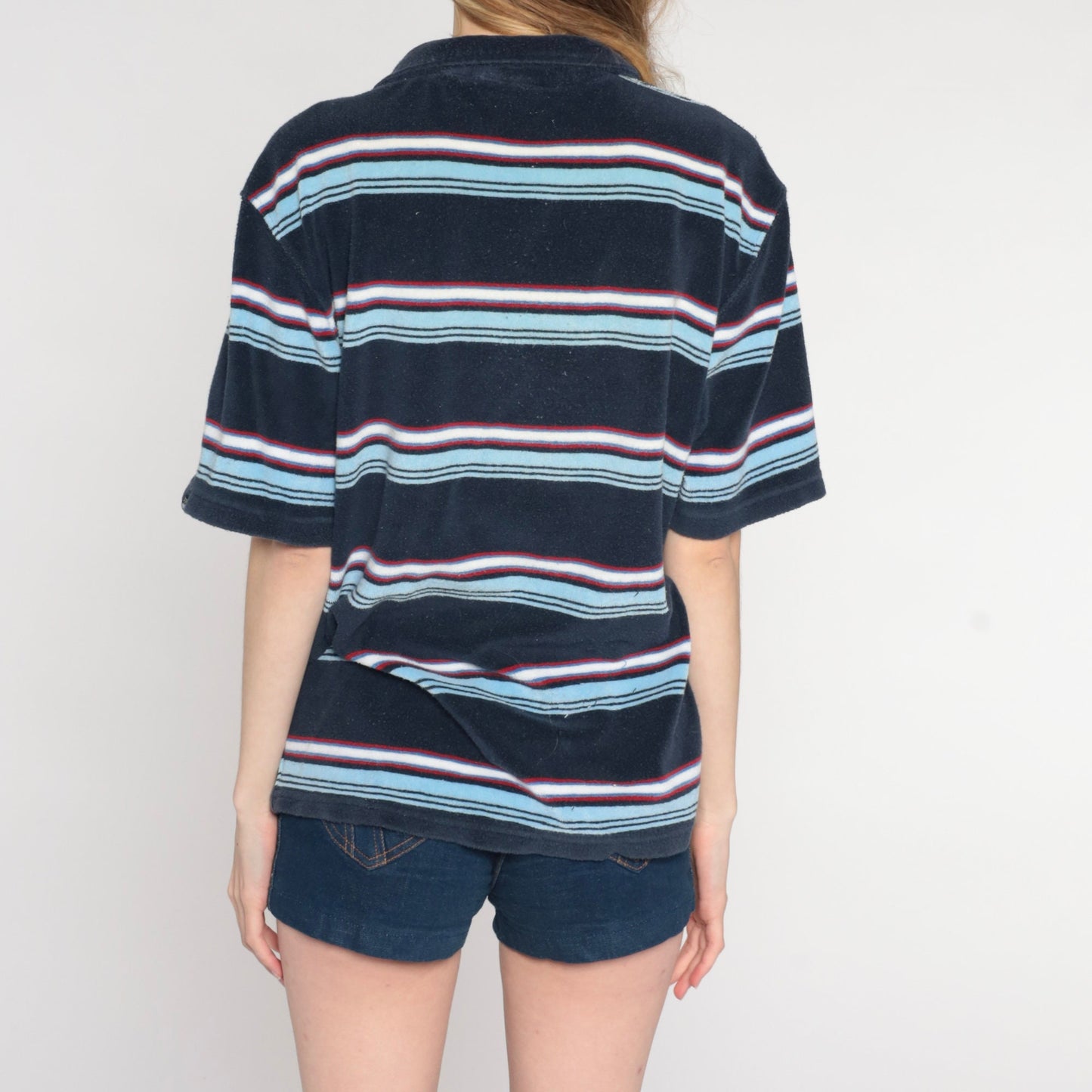 Y2K Navy Striped Terry Cloth Polo Shirt Half Button Collared Medium M