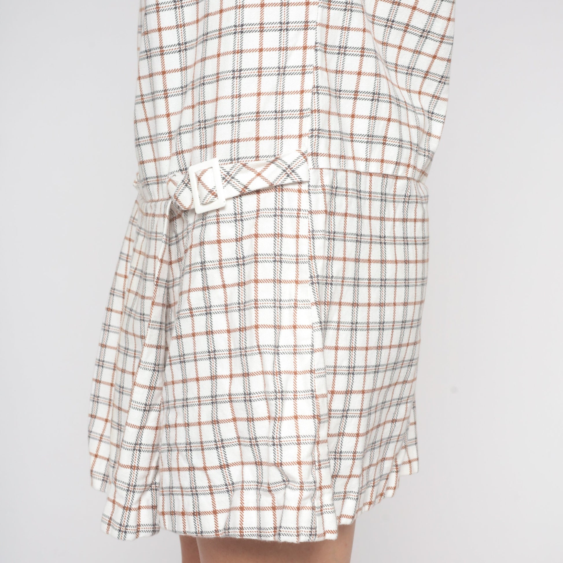 60s White Plaid Drop Waist Scooter Dress Sleeveless Minidress Medium