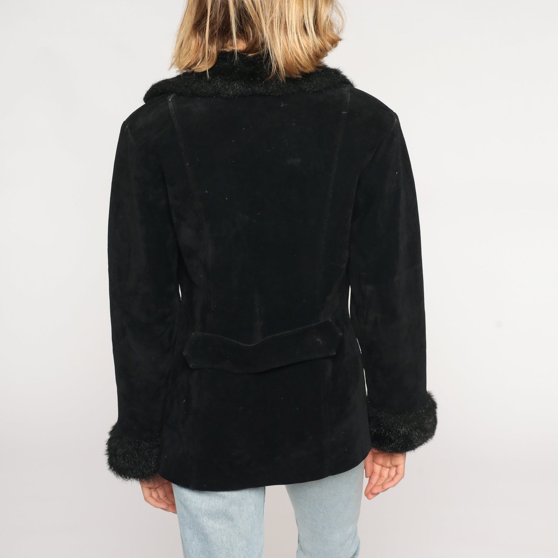 90s Black Faux Suede Jacket Faux Fur Trim Button Up Small