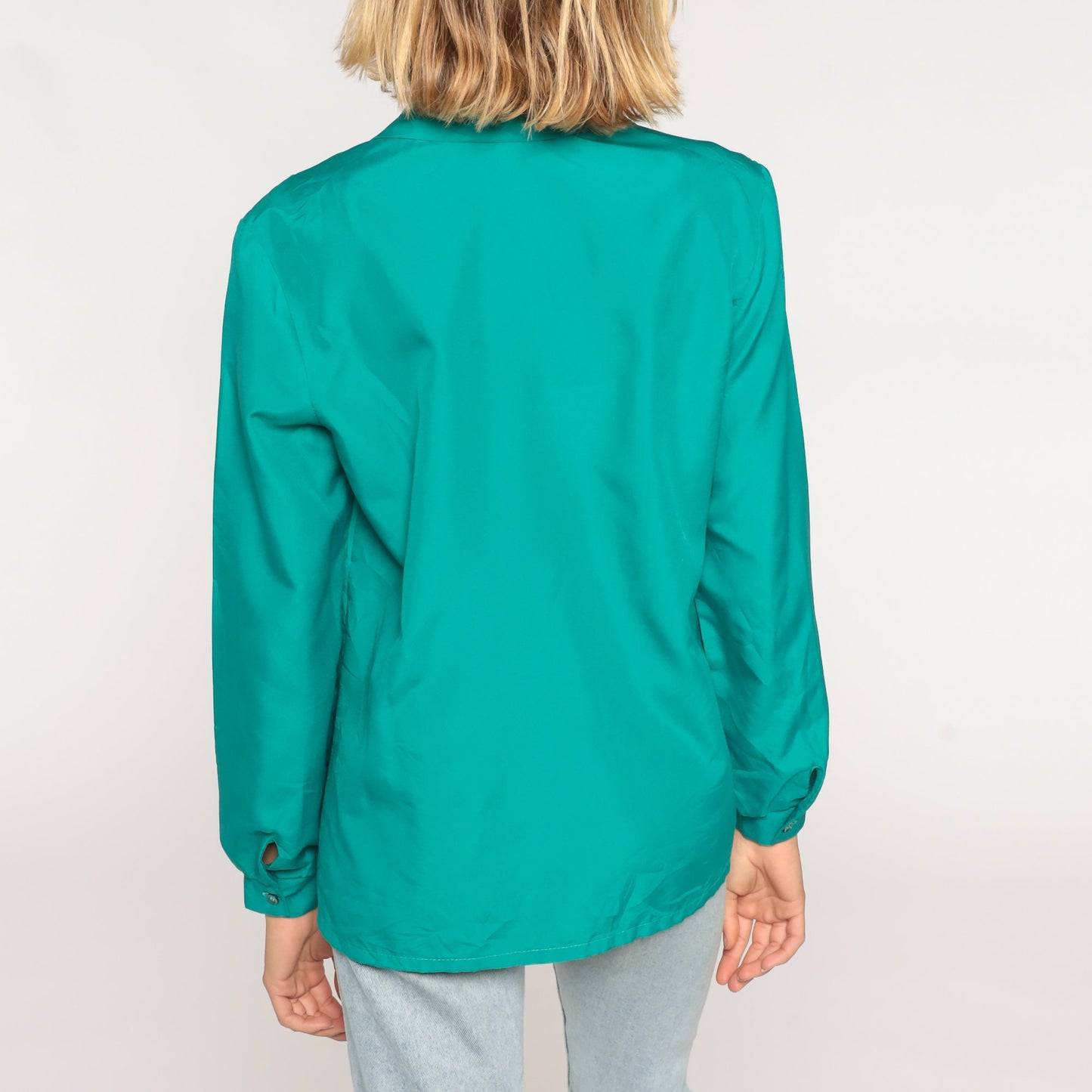 80s Green Button-Up Blouse Long Sleeve Collared Shirt Medium
