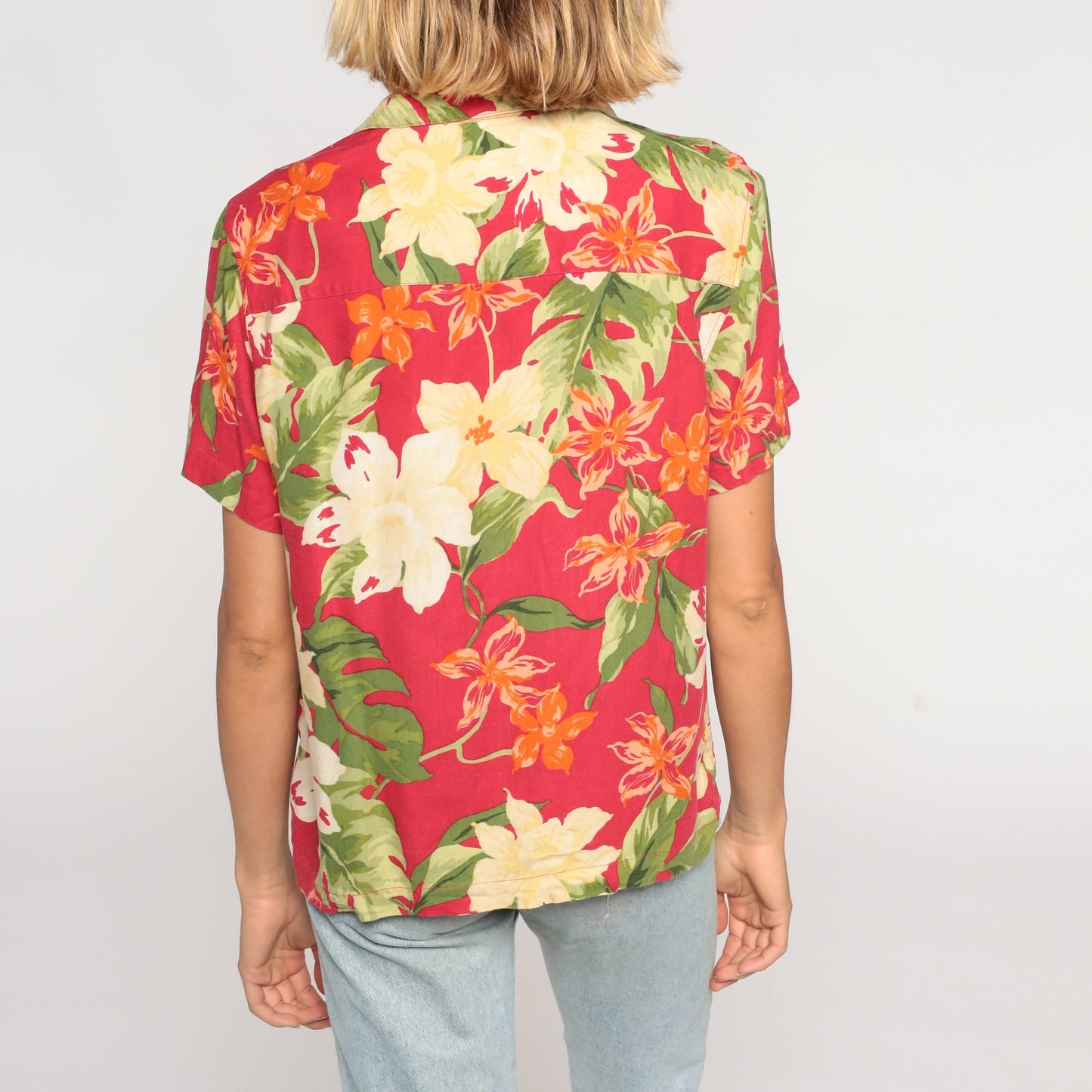 00s Tropical Floral Button Up Blouse Red Orchid Leaf Print Silk Rayon Large