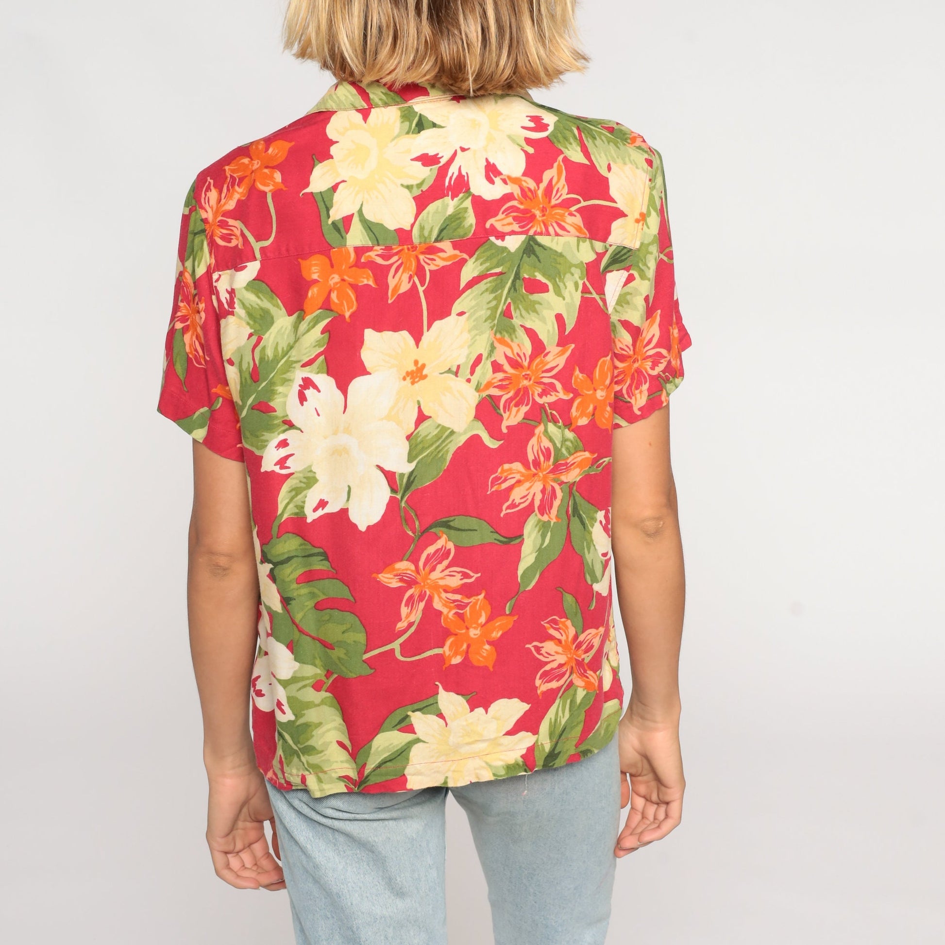 00s Tropical Floral Button Up Blouse Red Orchid Leaf Print Silk Rayon Large