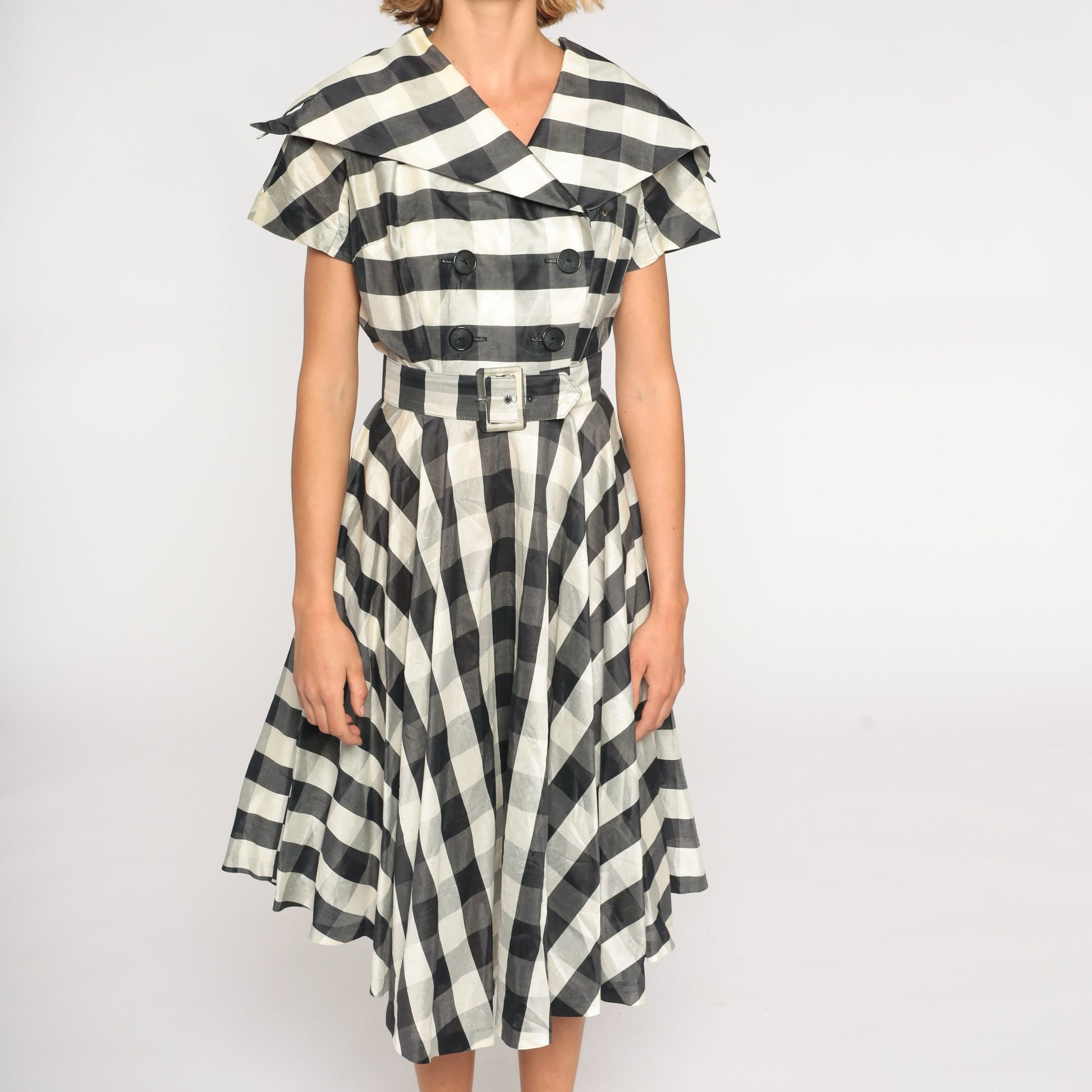1950s Black White Gingham Midi Dress Double Breasted Sailor Collar High Waisted Medium