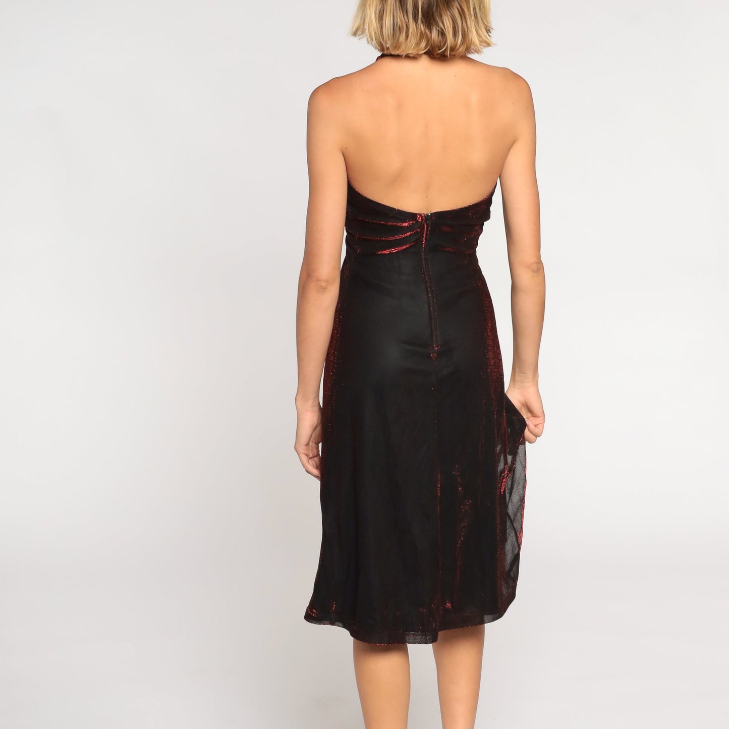 80s Black Red Metallic Halter Midi Dress Rhinestone Gem Sleeveless Small
