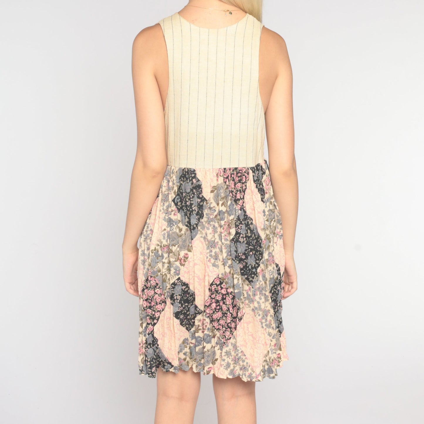 90s Floral Patchwork Mini Dress Cream High Waisted Sleeveless Large