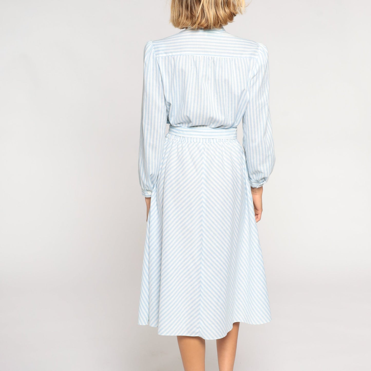 80s Blue White Striped Midi Shirtdress High Waist Puff Sleeve Medium
