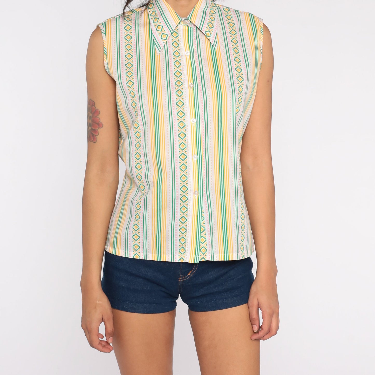 70s Aztec Stripe Sleeveless Blouse Green Yellow Button Front Small Medium