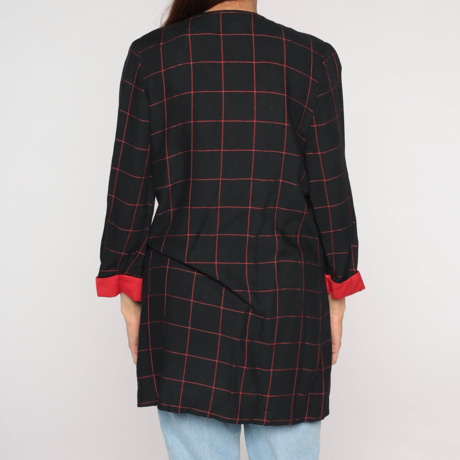 90s Black Red Checkered Blazer Open Front Cuffed Sleeve Medium