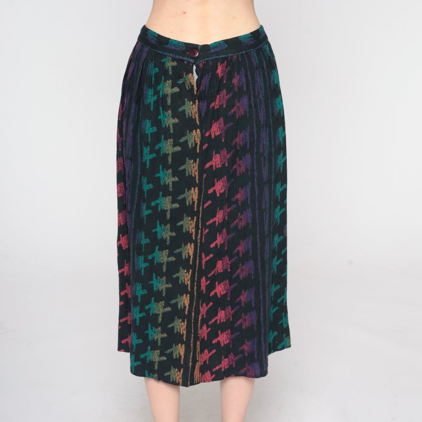 90s Black Abstract Brushstroke Midi Skirt Rainbow Print High Waist Small