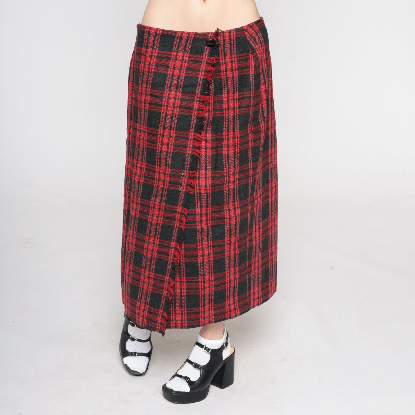 80s Wool Plaid Midi Skirt Red Black Tartan Faux Wrap Button Front Medium