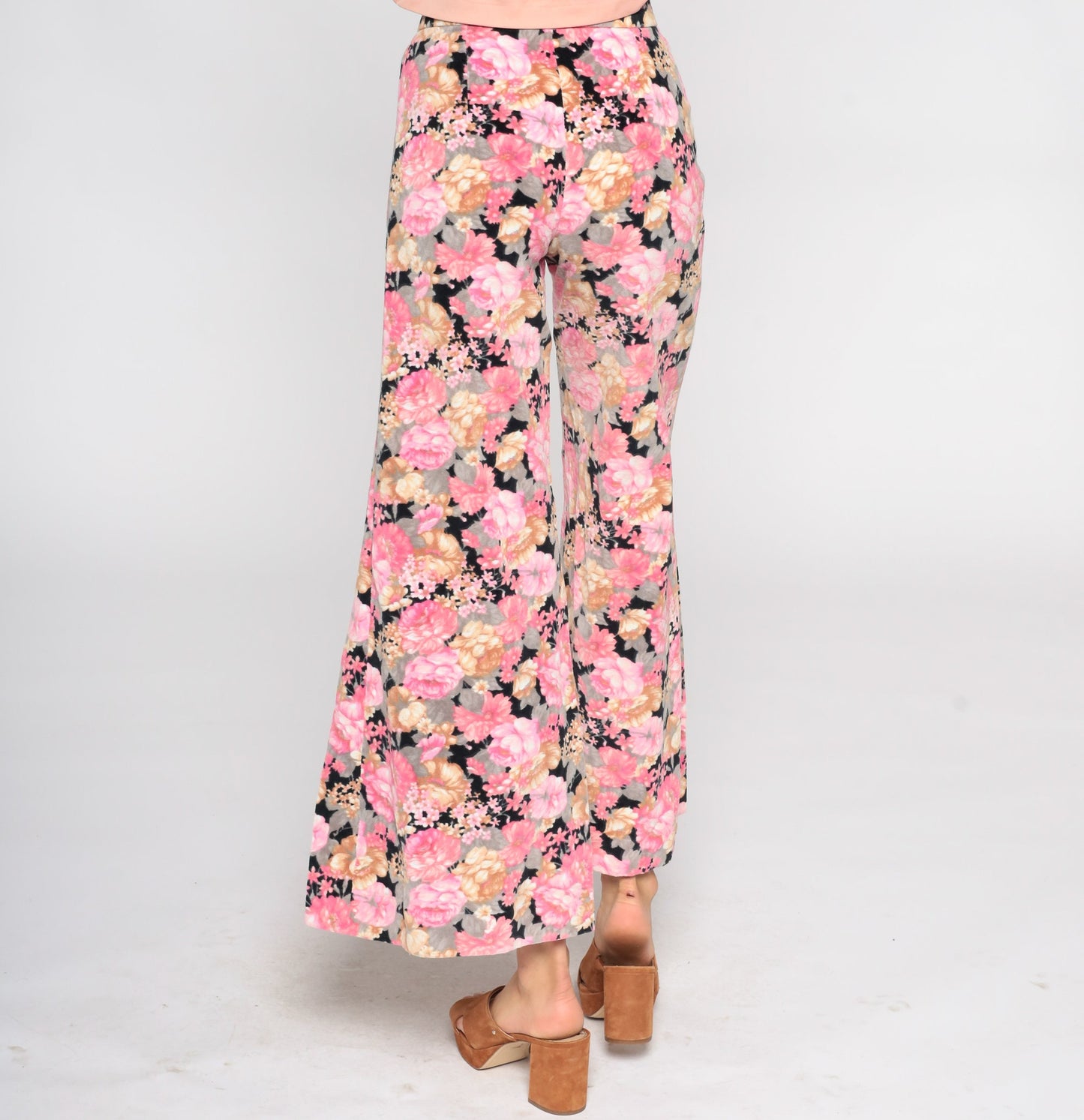 70s Floral Velvet Bell Bottom Pants Black Pink High Waisted Extra Small