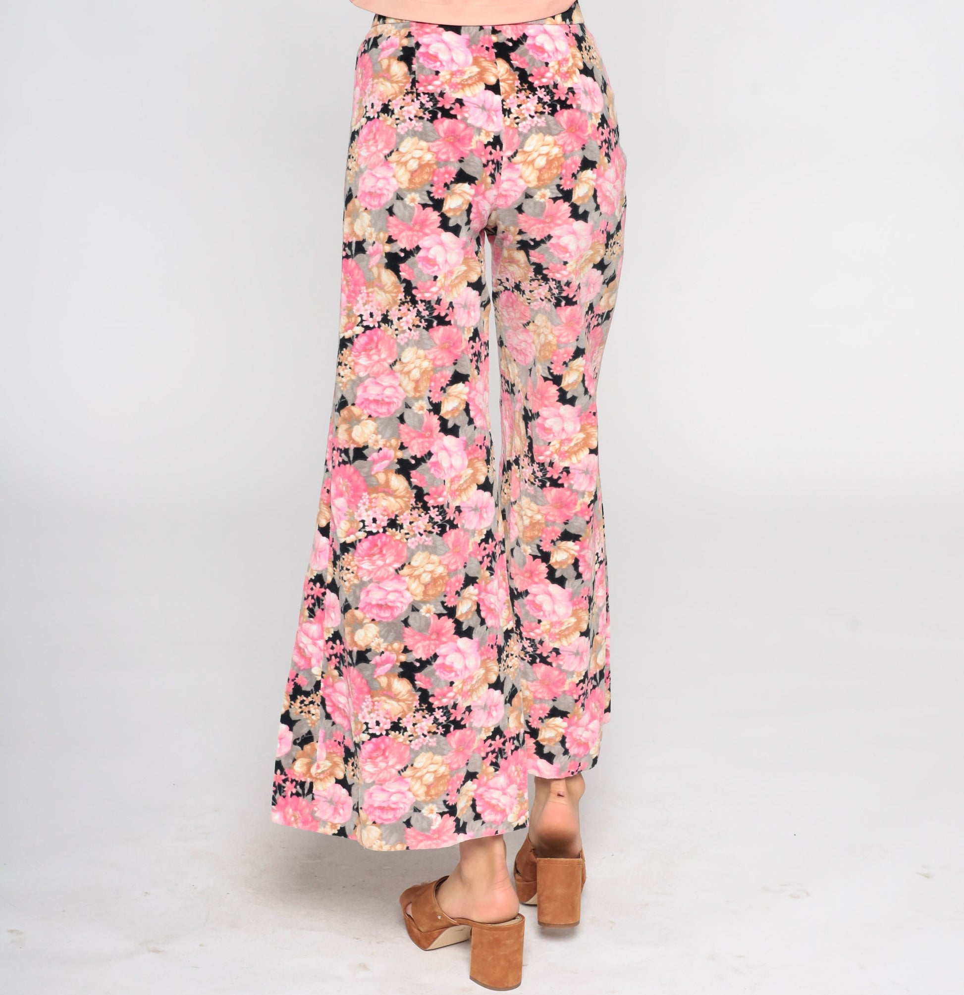 70s Floral Velvet Bell Bottom Pants Black Pink High Waisted Extra Small