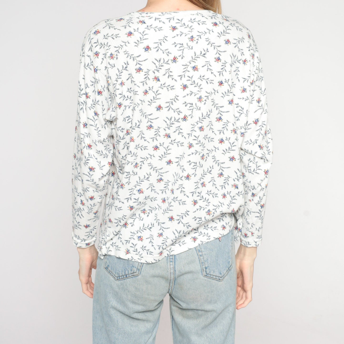 90s Floral Henley Long Sleeve Ribbed Shirt White Medium