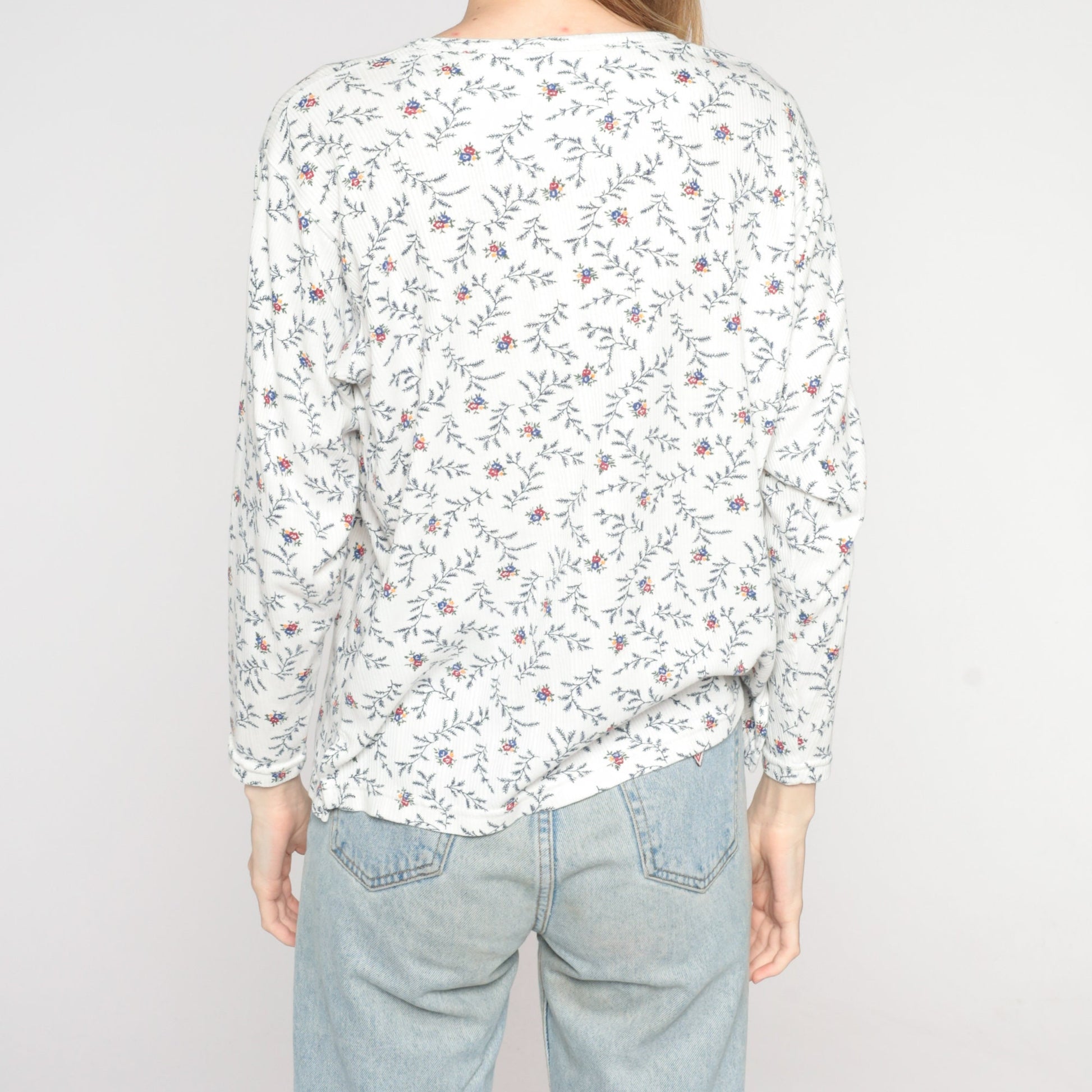 90s Floral Henley Long Sleeve Ribbed Shirt White Medium