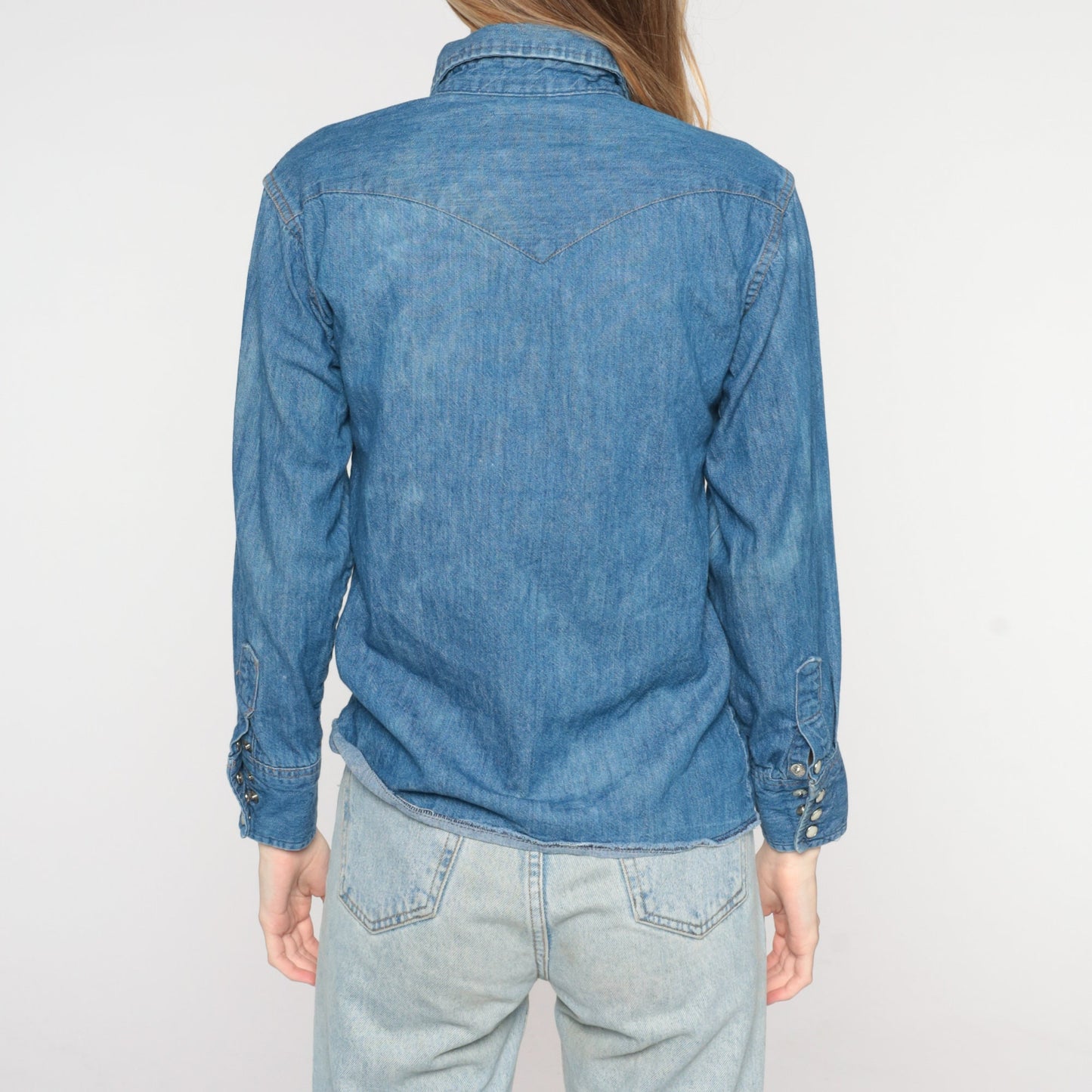 80s Wrangler Denim Pearl Snap Western Shirt Scottsdale Rodeo Patch Blue