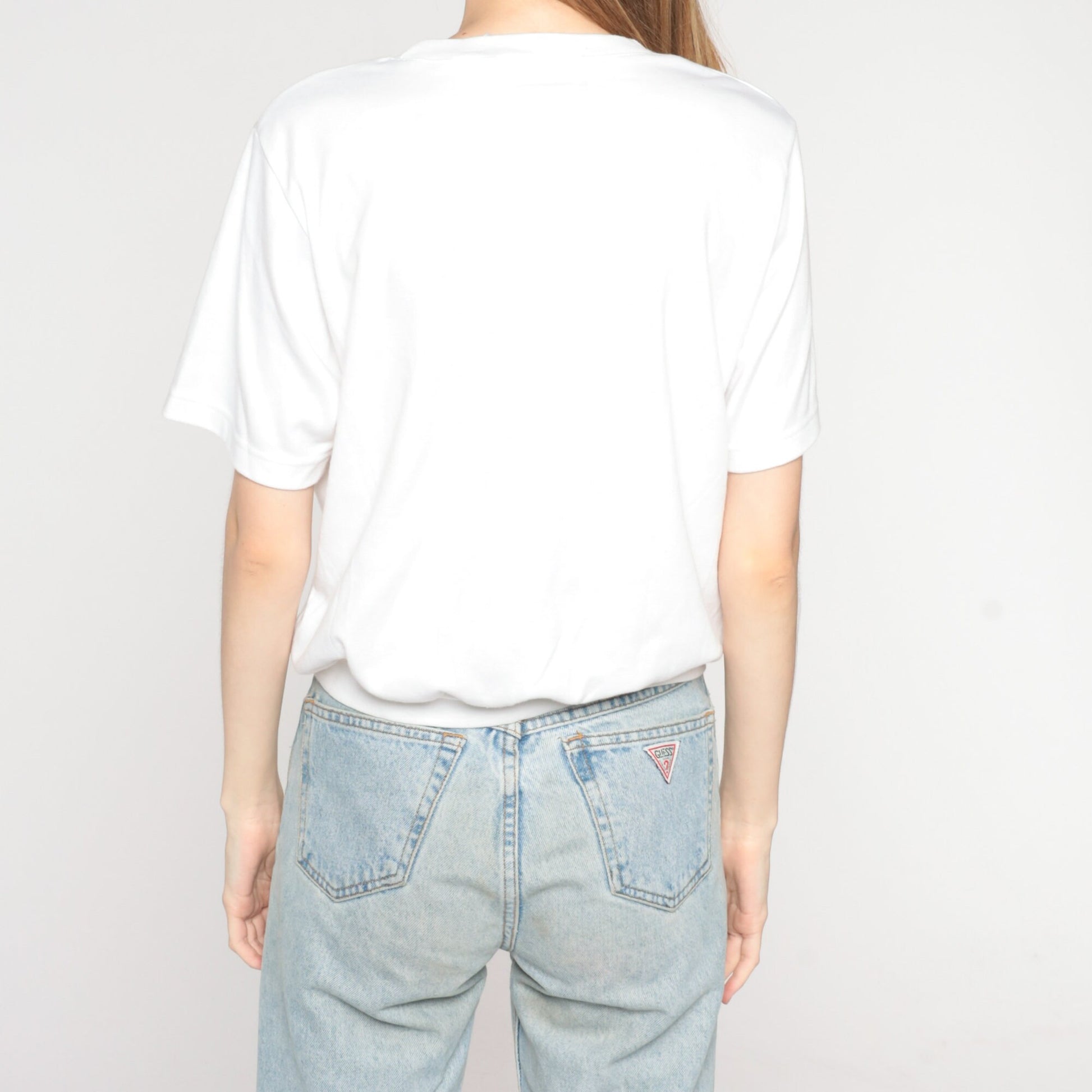 80s White Embroidered Floral Top Short Sleeve Banded Hem Medium
