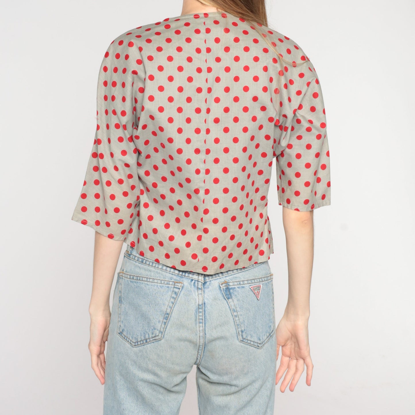 80s Grey Polka Dot Cotton Blouse Double Breasted Red Collar Short Sleeve Small