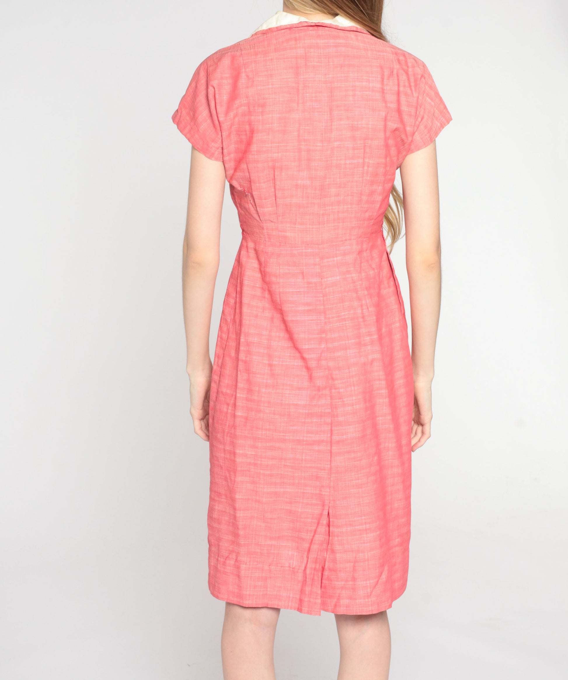 1950s Pink Woven Shirtdress Collar Button-Up Knee Length Small