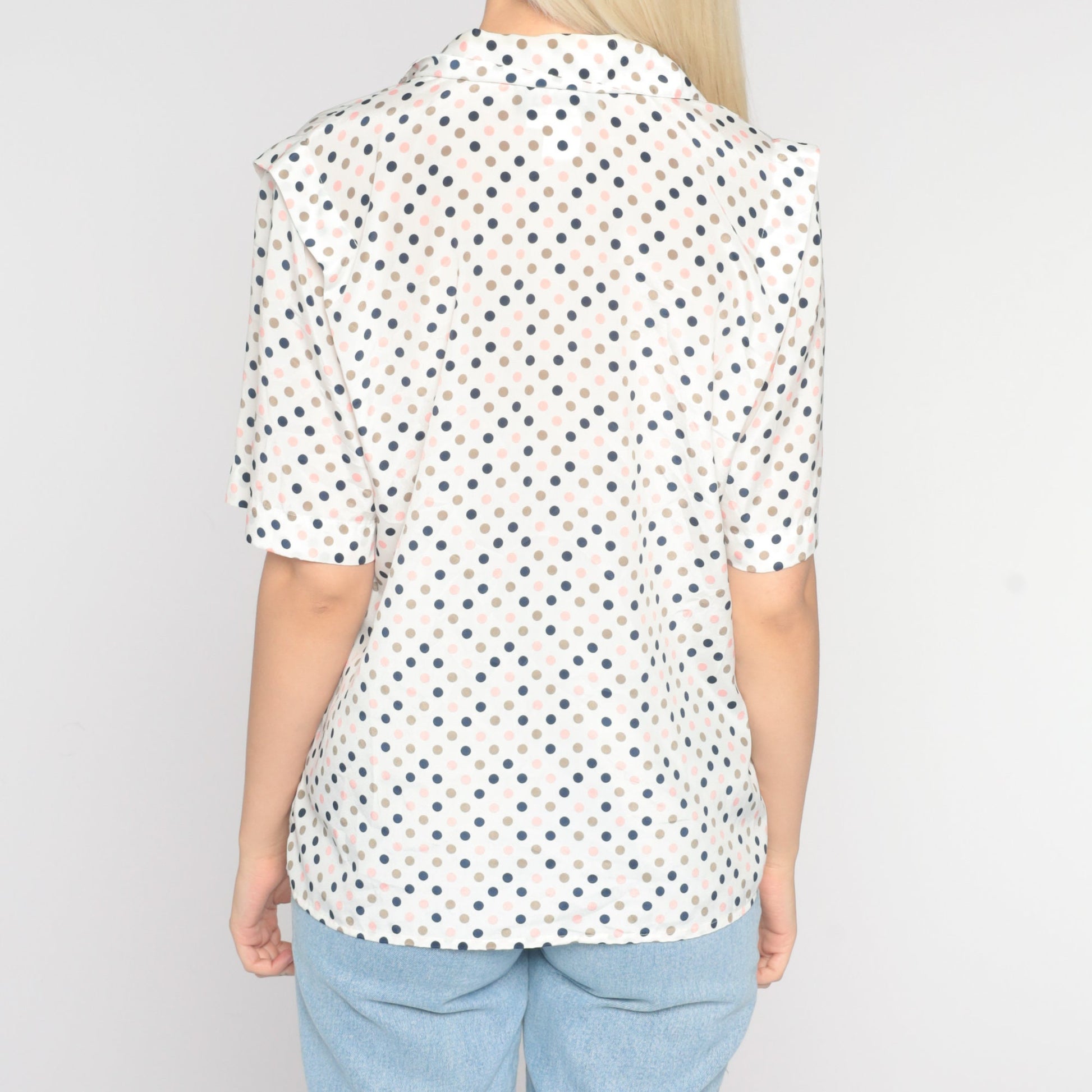 80s White Polka Dot Button-Up Blouse Short Sleeve Small