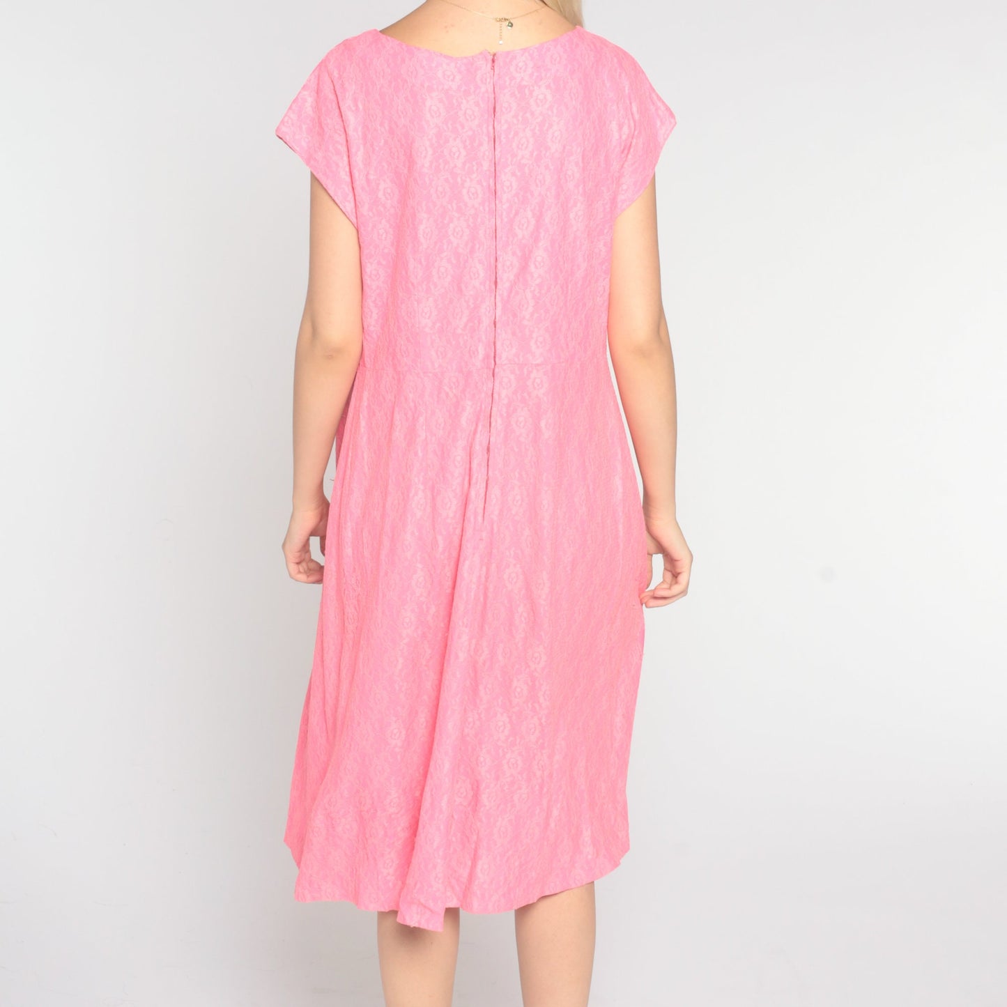 60s Pink Lace Midi Dress Shift Sleeveless High Waist Large