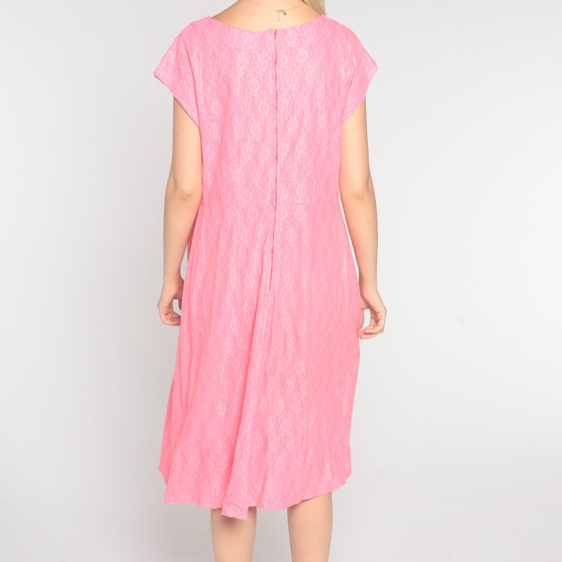 60s Pink Lace Midi Dress Shift Sleeveless High Waist Large