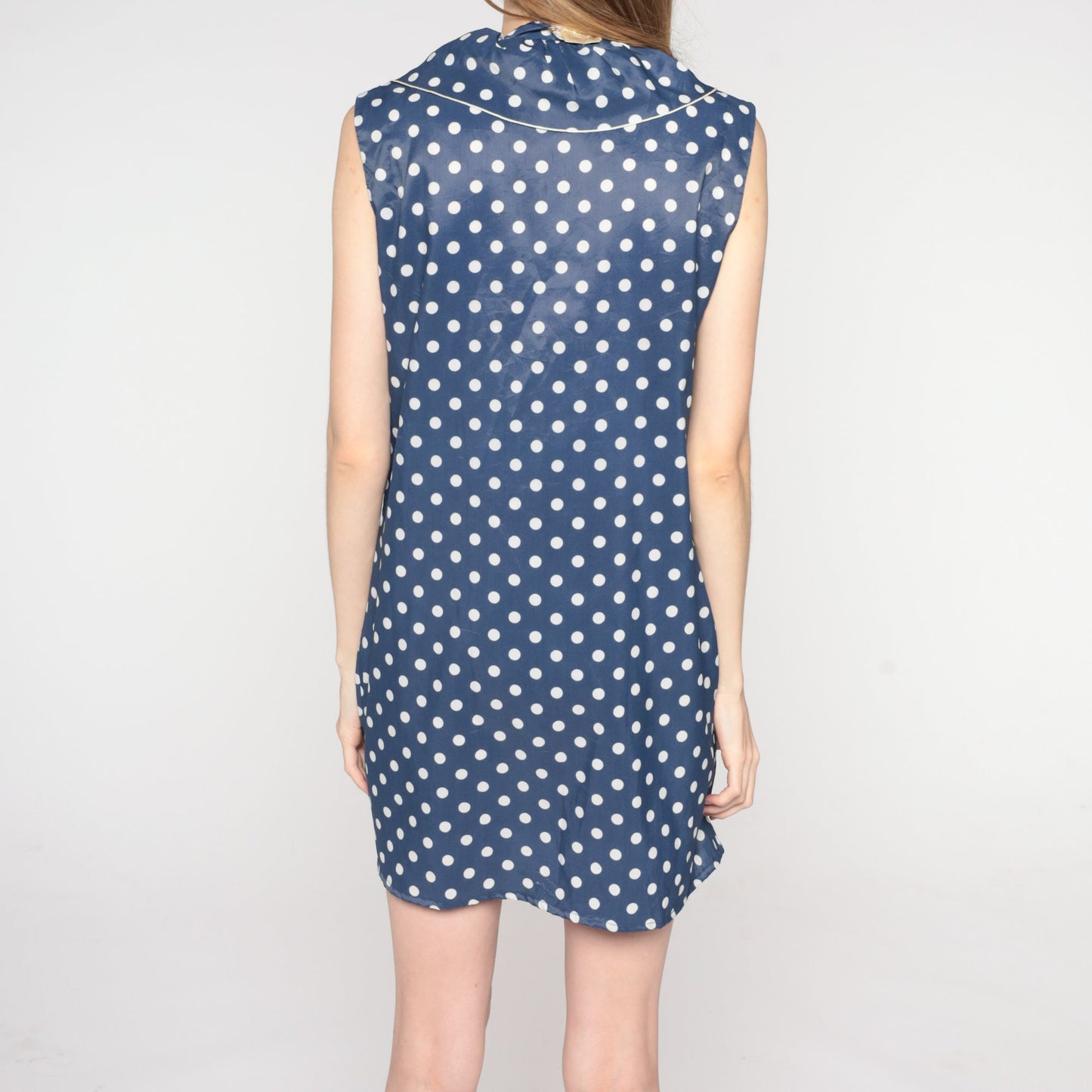 70s Navy Polka Dot Mini Shift Dress Ruffled Collar Sleeveless Small
