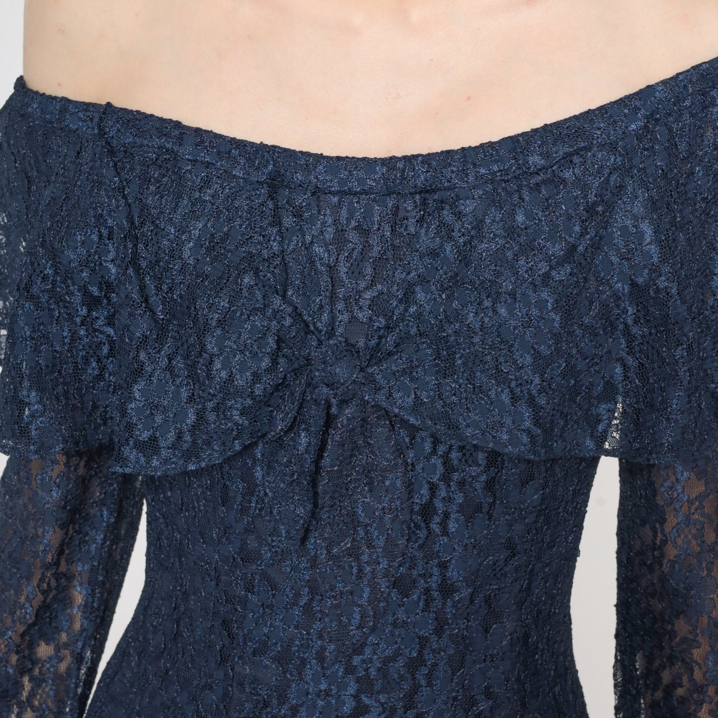 90s Navy Floral Lace Mini Dress Off-Shoulder Long Sleeve Small S