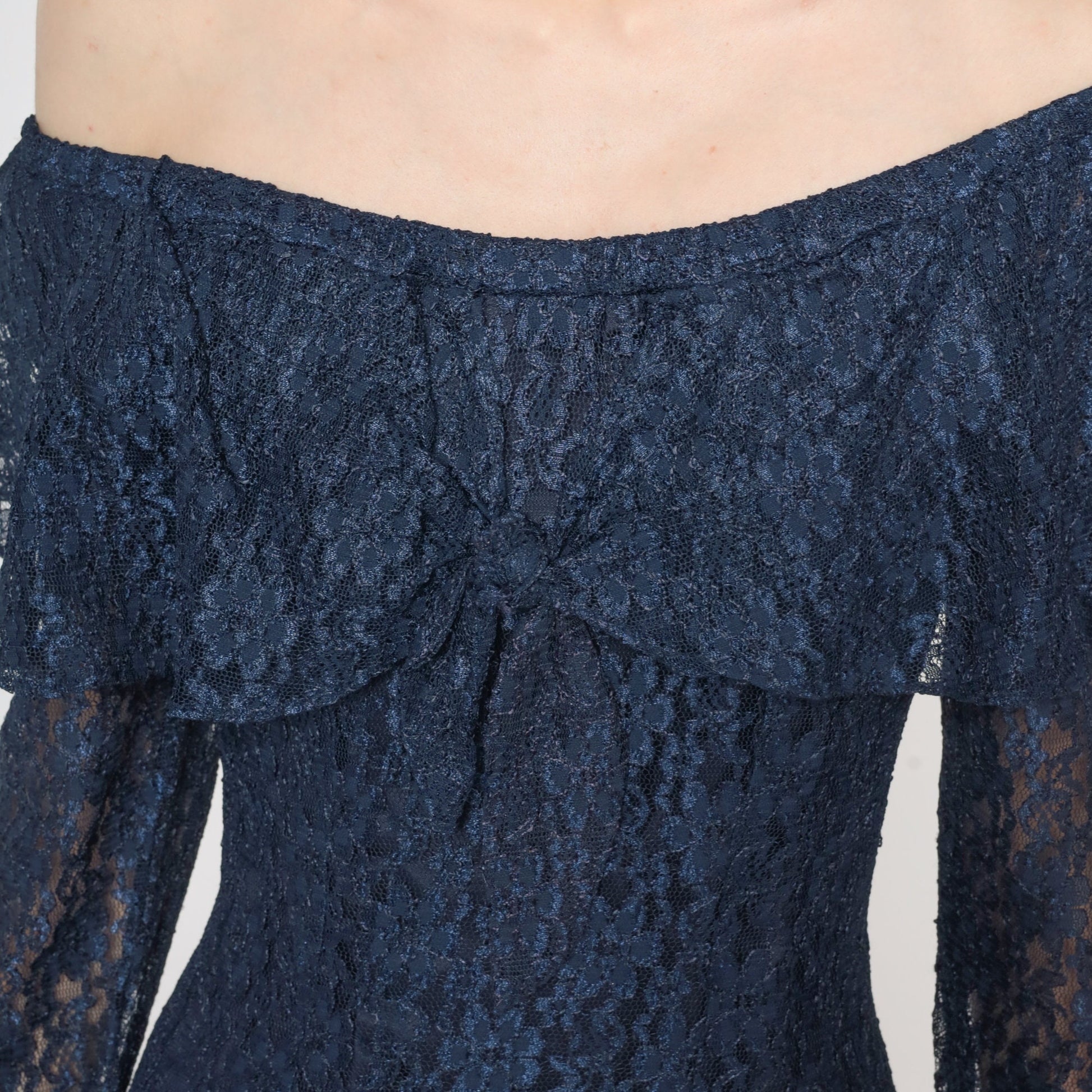 90s Navy Floral Lace Mini Dress Off-Shoulder Long Sleeve Small S