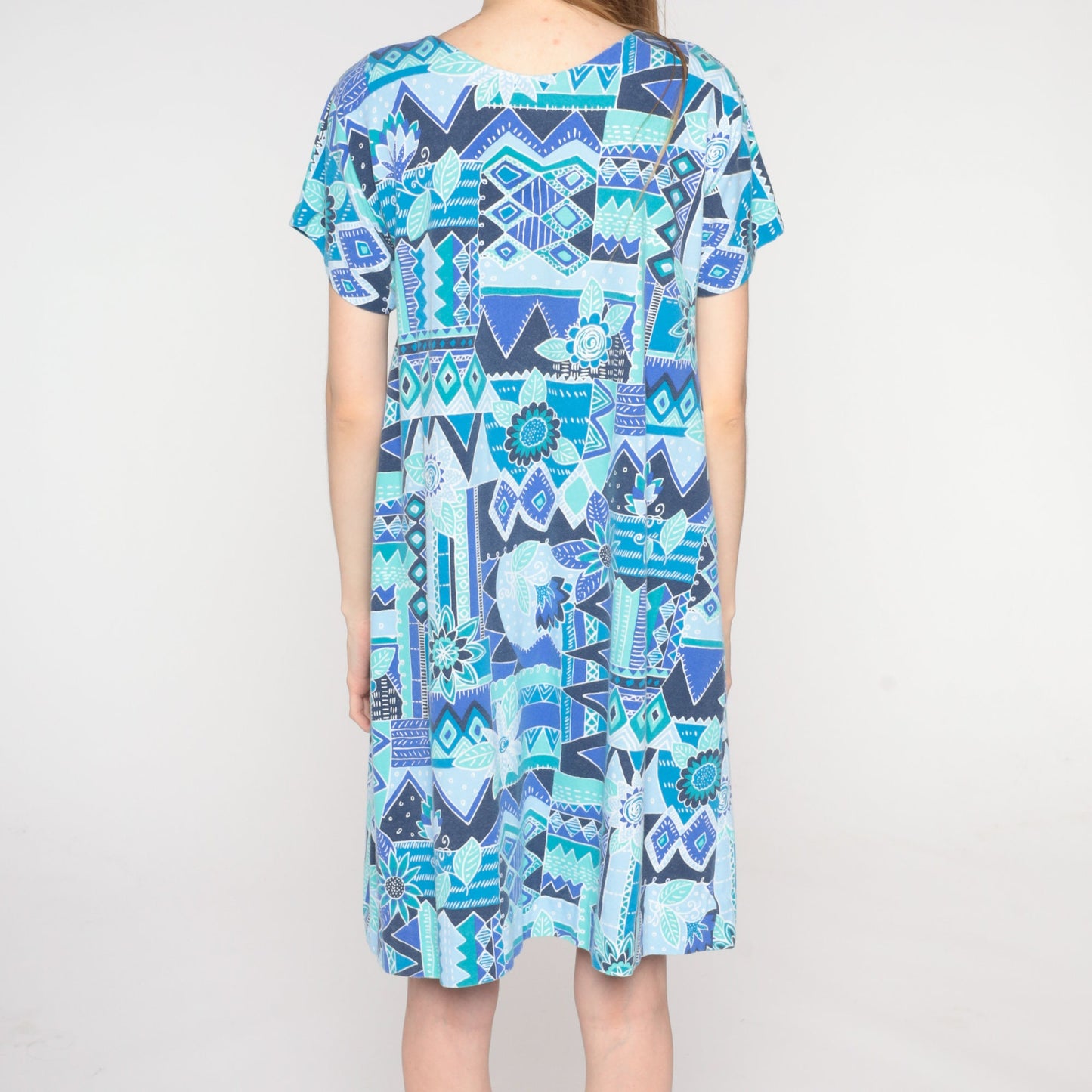 90s Blue Geometric Floral Mini Dress Short Sleeve Shift Dress Large