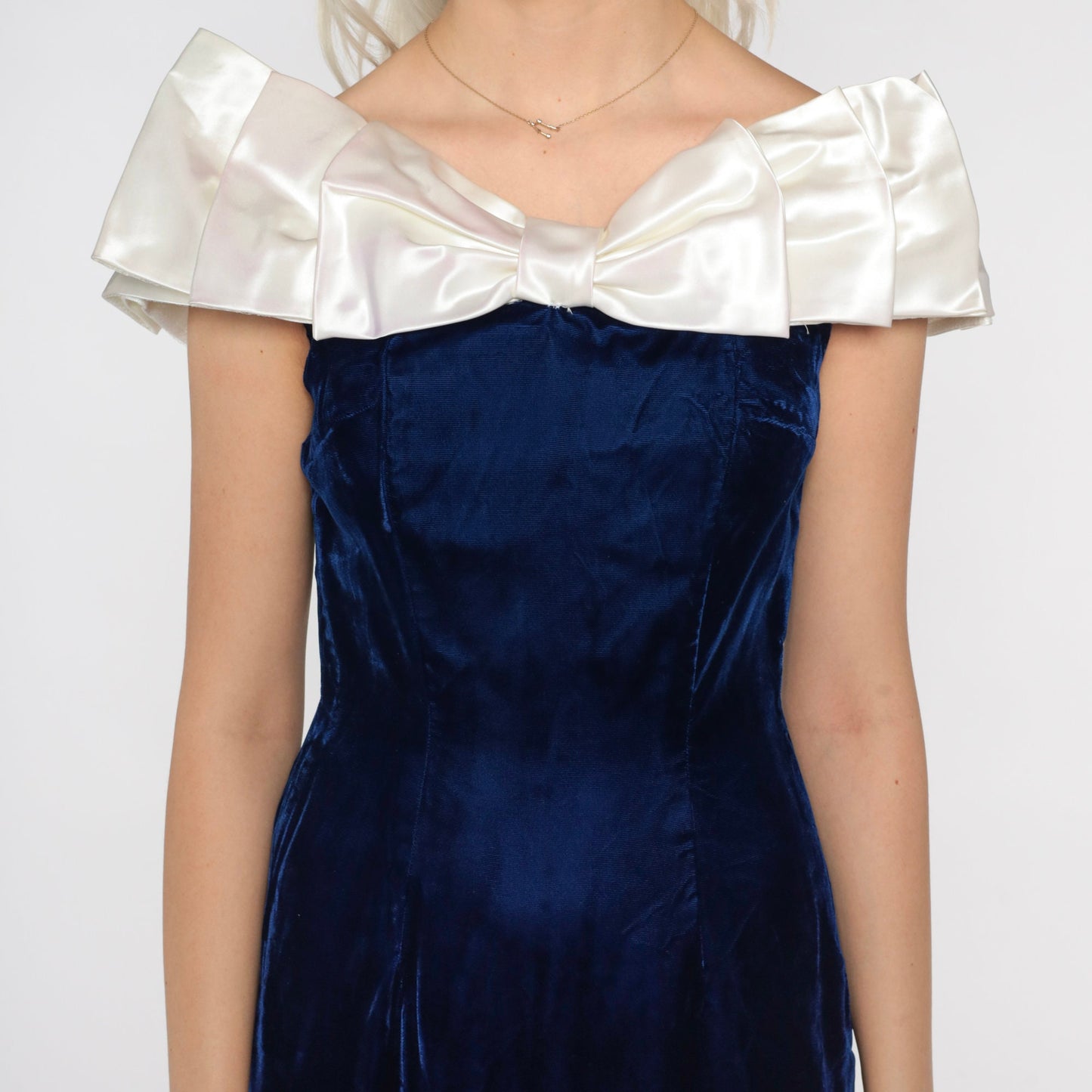 80s Blue Velvet Midi Dress Off-Shoulder Bow Pencil Small S