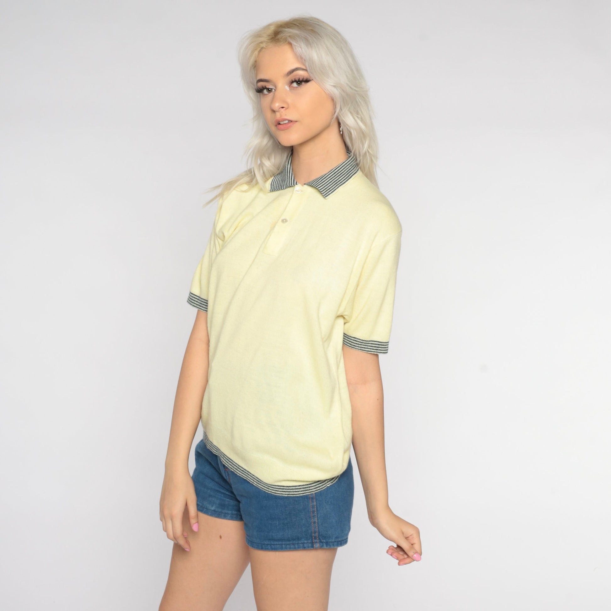 80s Yellow Knit Polo Shirt Striped Collar Ringer Trim Medium