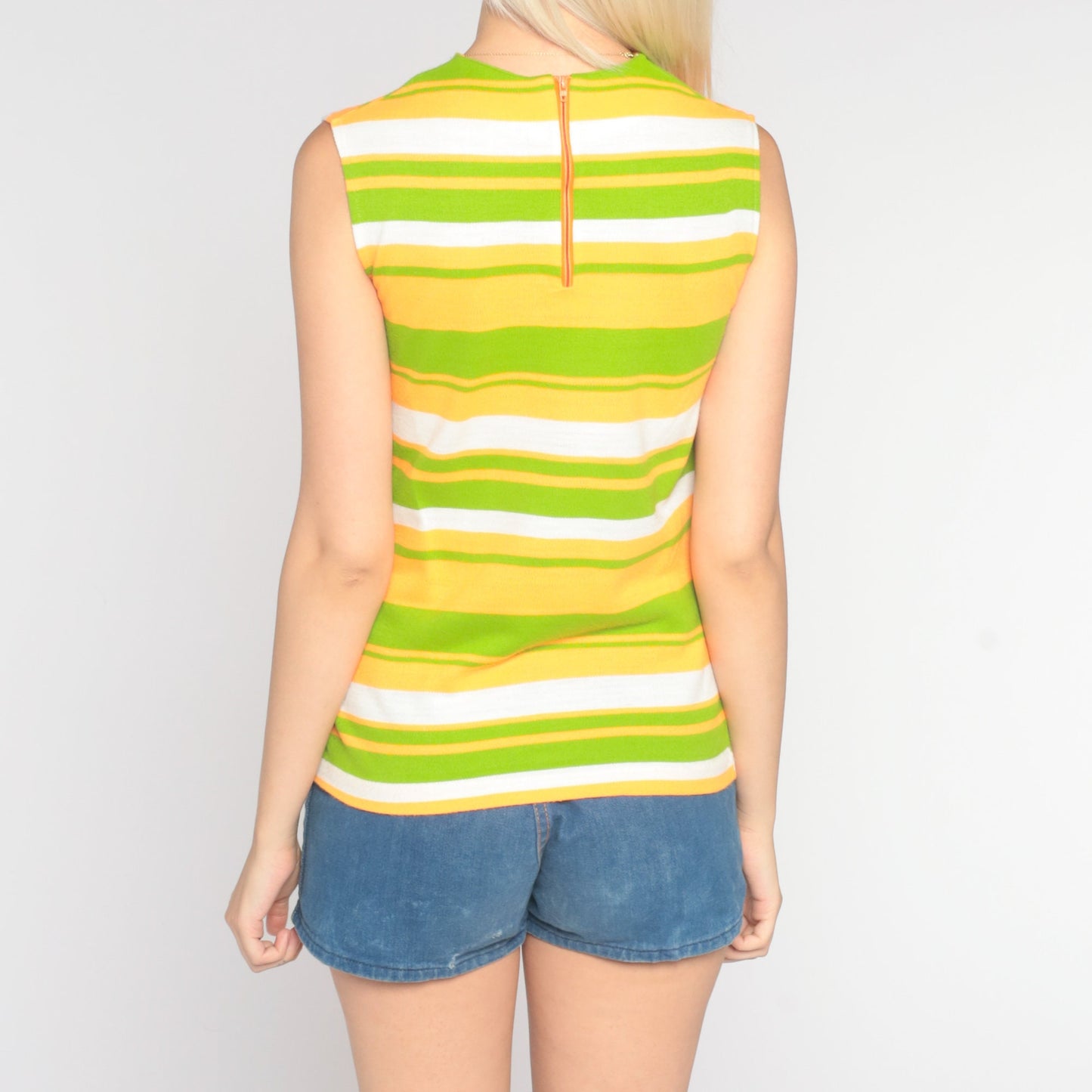 70s Striped Tank Top Green Orange White Sleeveless Shirt Extra Small