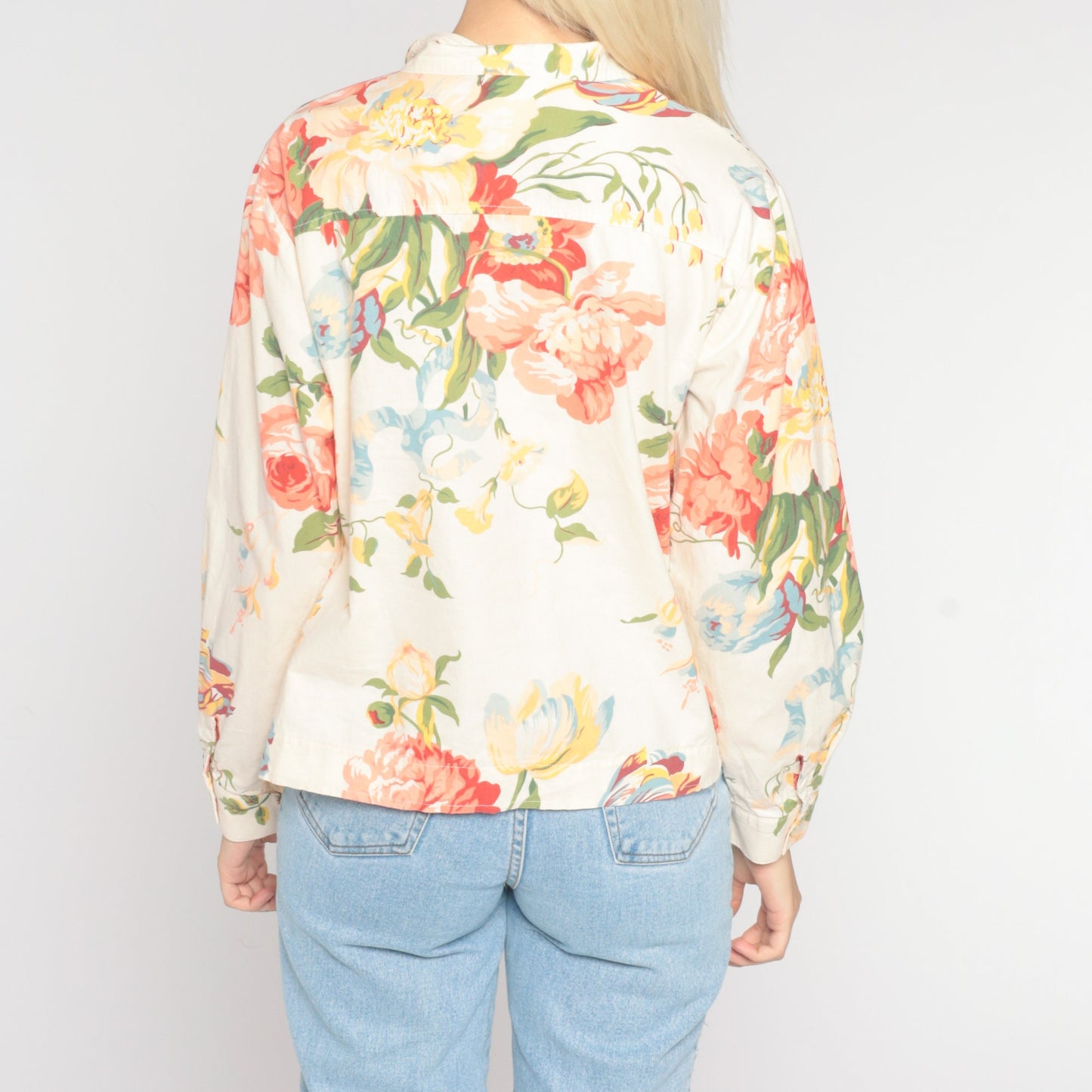 00s Coldwater Creek Floral Button-Up Blouse Cream Long Sleeve Medium Petite