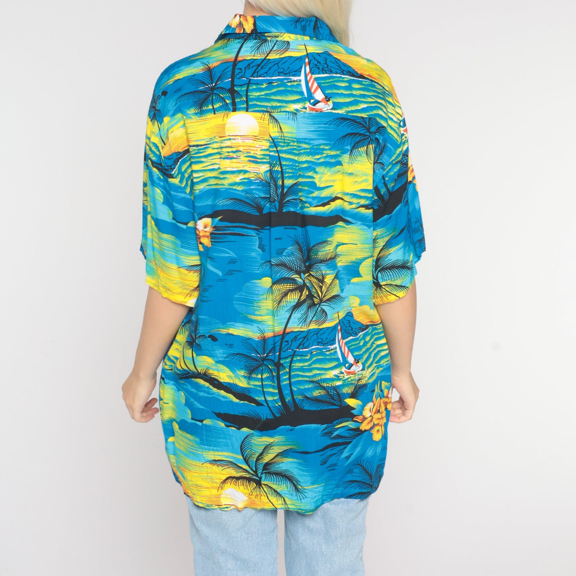 Y2K Tropical Sailboat Hawaiian Shirt Blue Palm Tree Button Up Extra Large
