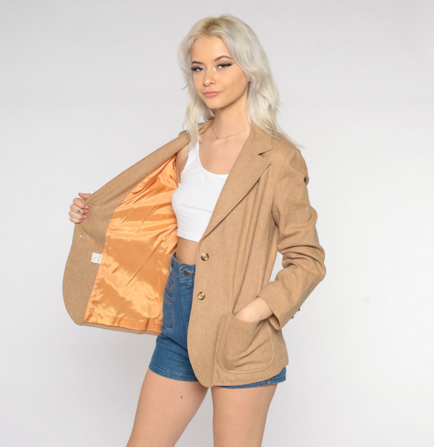 70s Wool Blazer Tan Button-Up Jacket Orange Lining Small