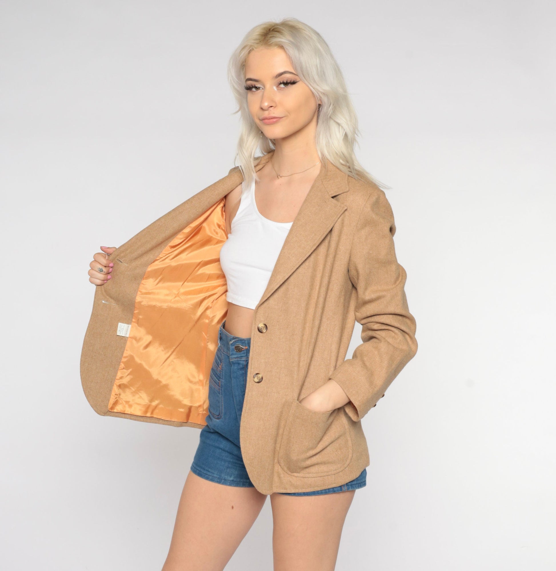 70s Wool Blazer Tan Button-Up Jacket Orange Lining Small