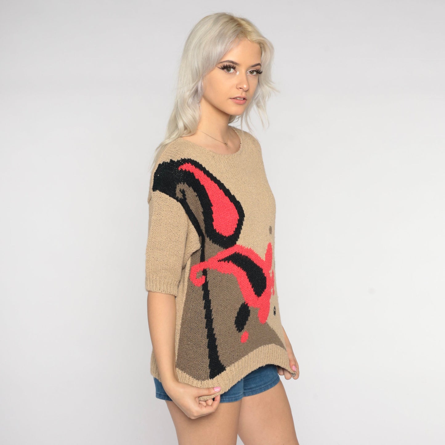 80s Tan Paisley Knit Top Short Sleeve Sweater Small S