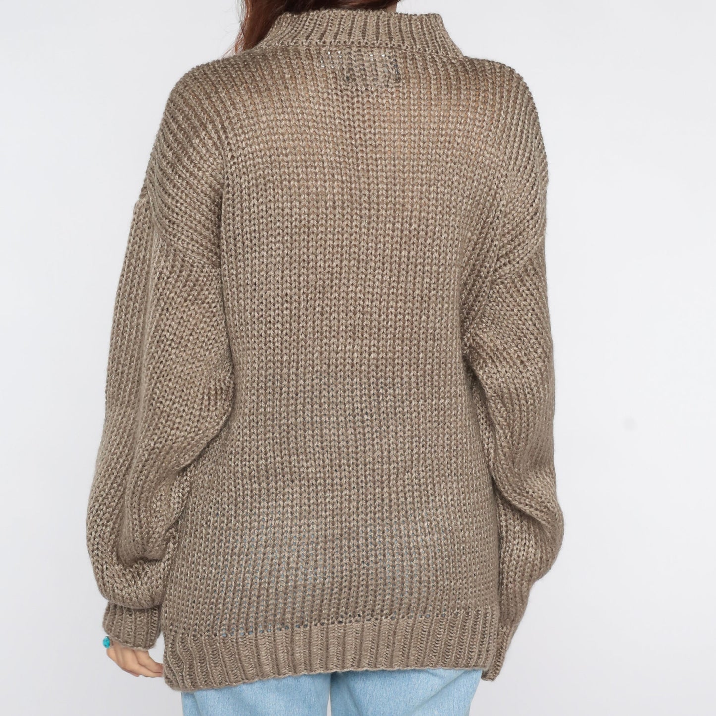 80s Abstract Jacquard Knit Sweater Taupe Crewneck Pullover Large