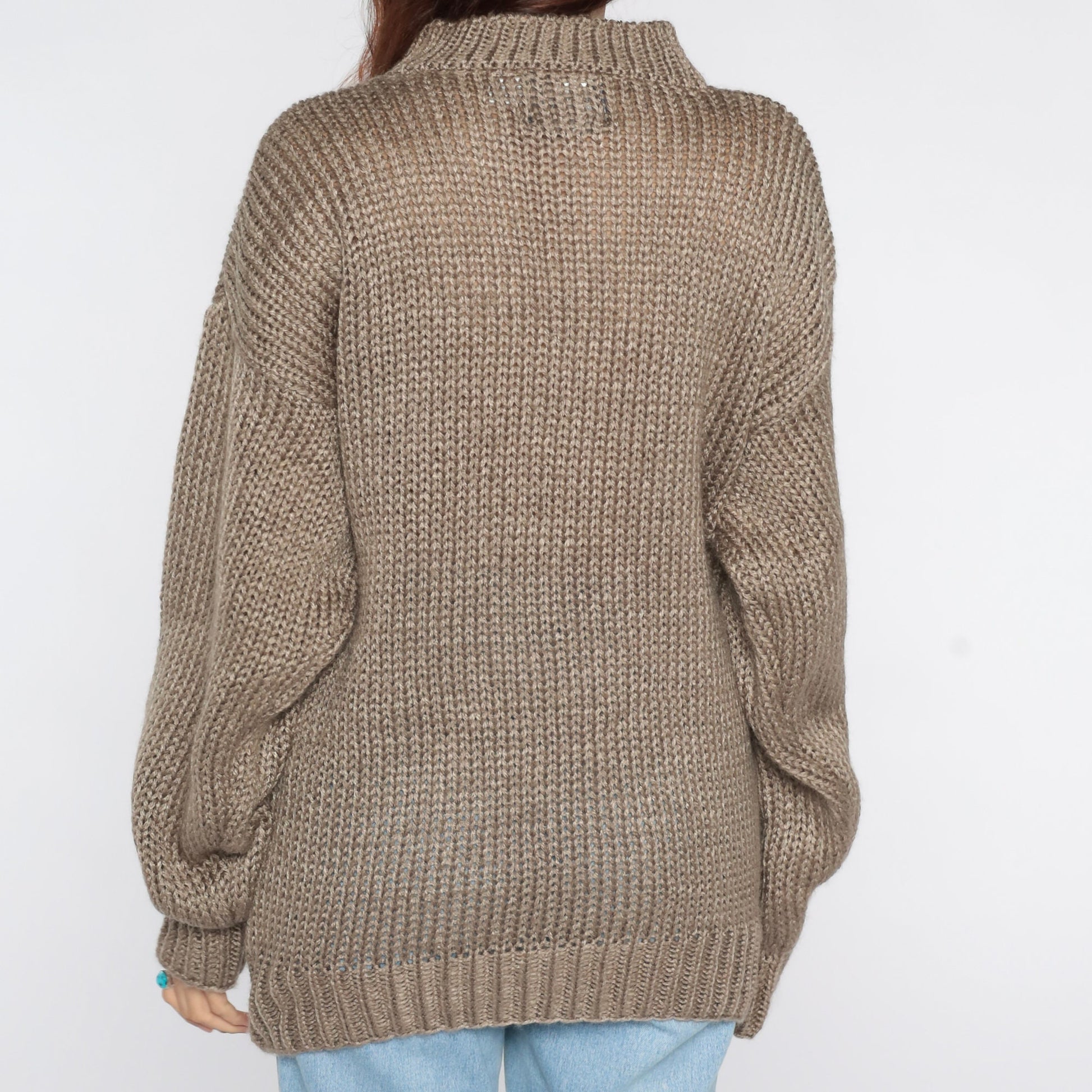 80s Abstract Jacquard Knit Sweater Taupe Crewneck Pullover Large