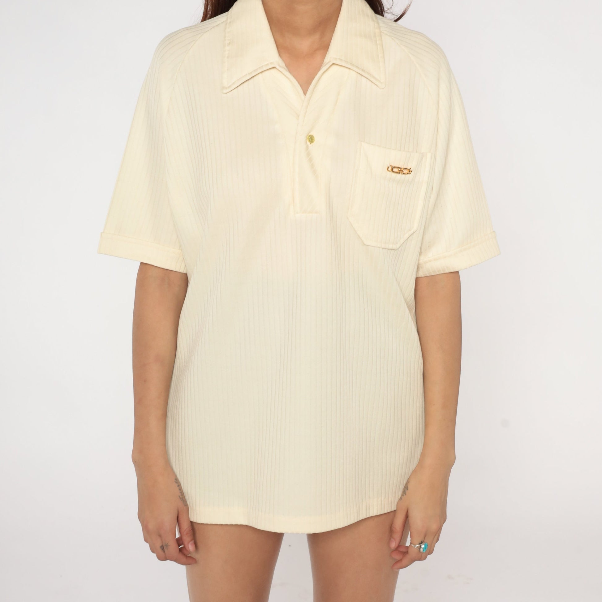 70s Cream Ribbed Polo Shirt Chain Pocket Short Sleeve Mens Medium