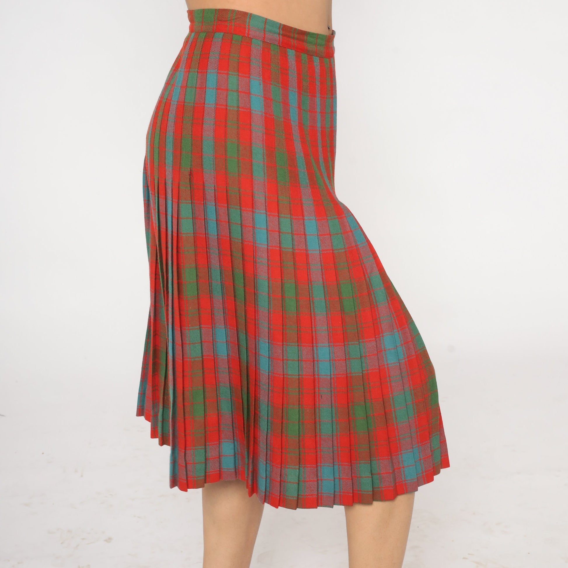60s Plaid Wool Midi Skirt High Waist Pleated Tartan Red Blue Green Medium