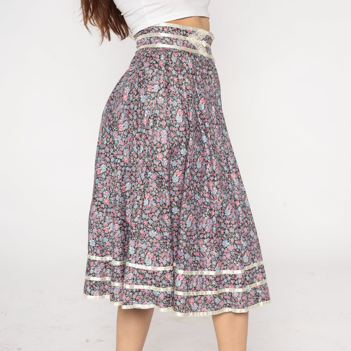 70s Gunne Sax Floral Midi Skirt Black Calico Lace Cotton Small