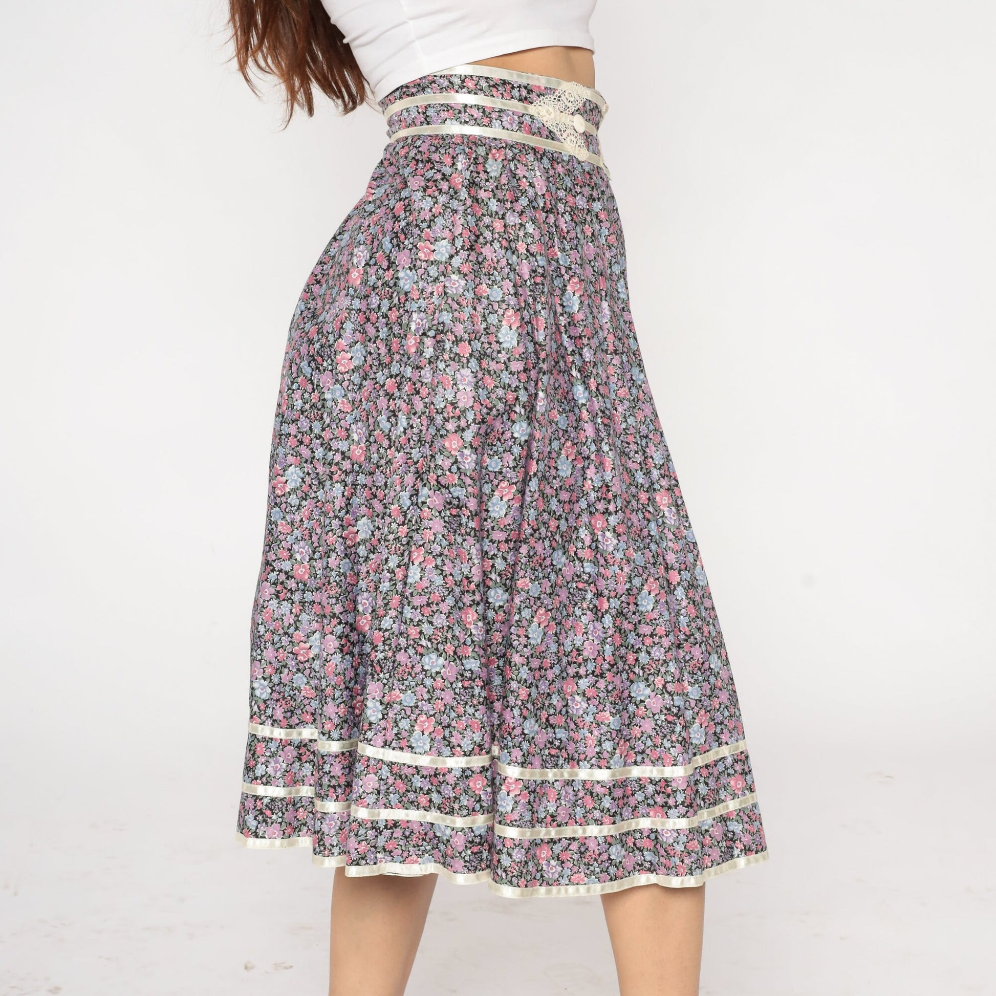 70s Gunne Sax Floral Midi Skirt Black Calico Lace Cotton Small