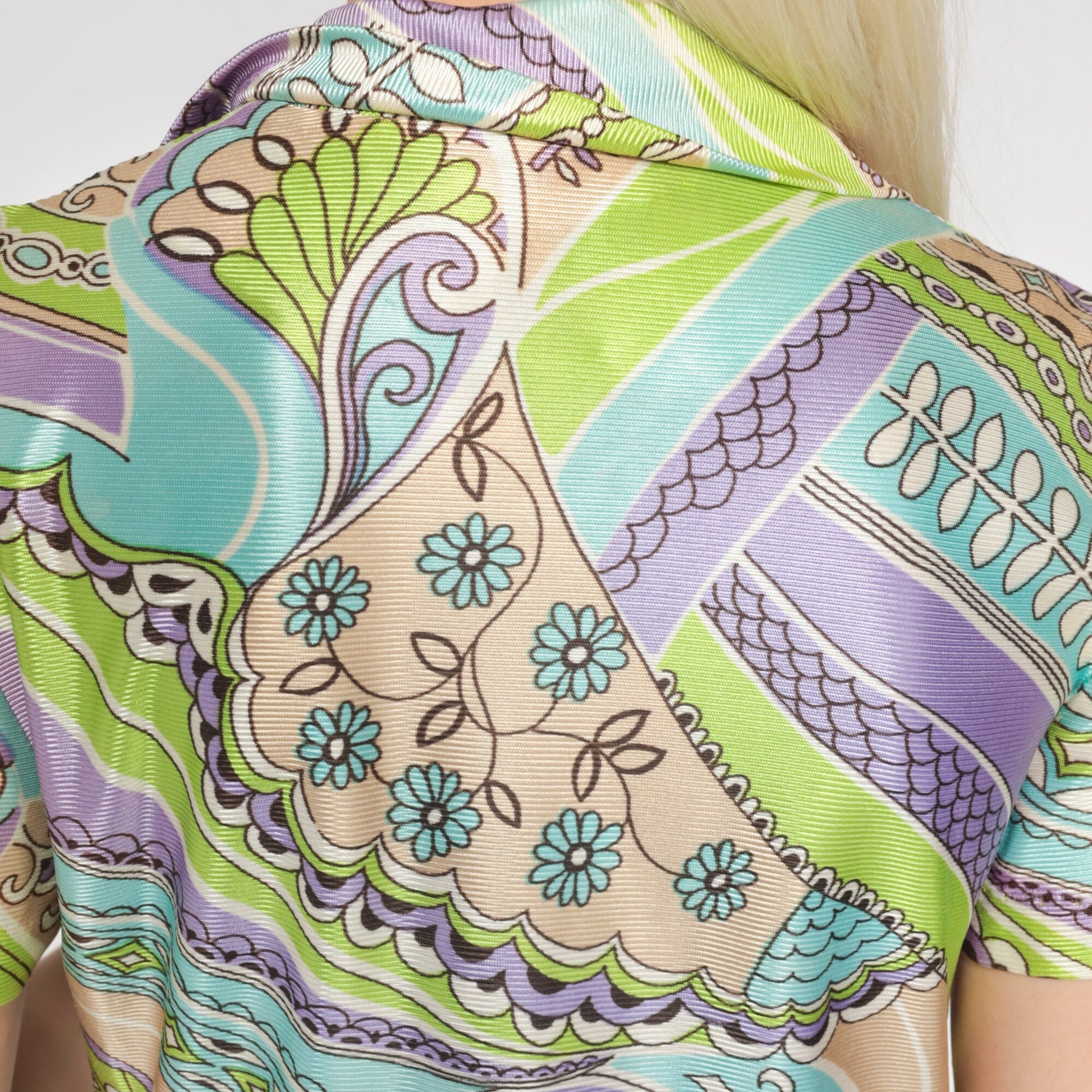 70s Psychedelic Paisley Floral Button-Up Blouse Short Sleeve Green Purple Small