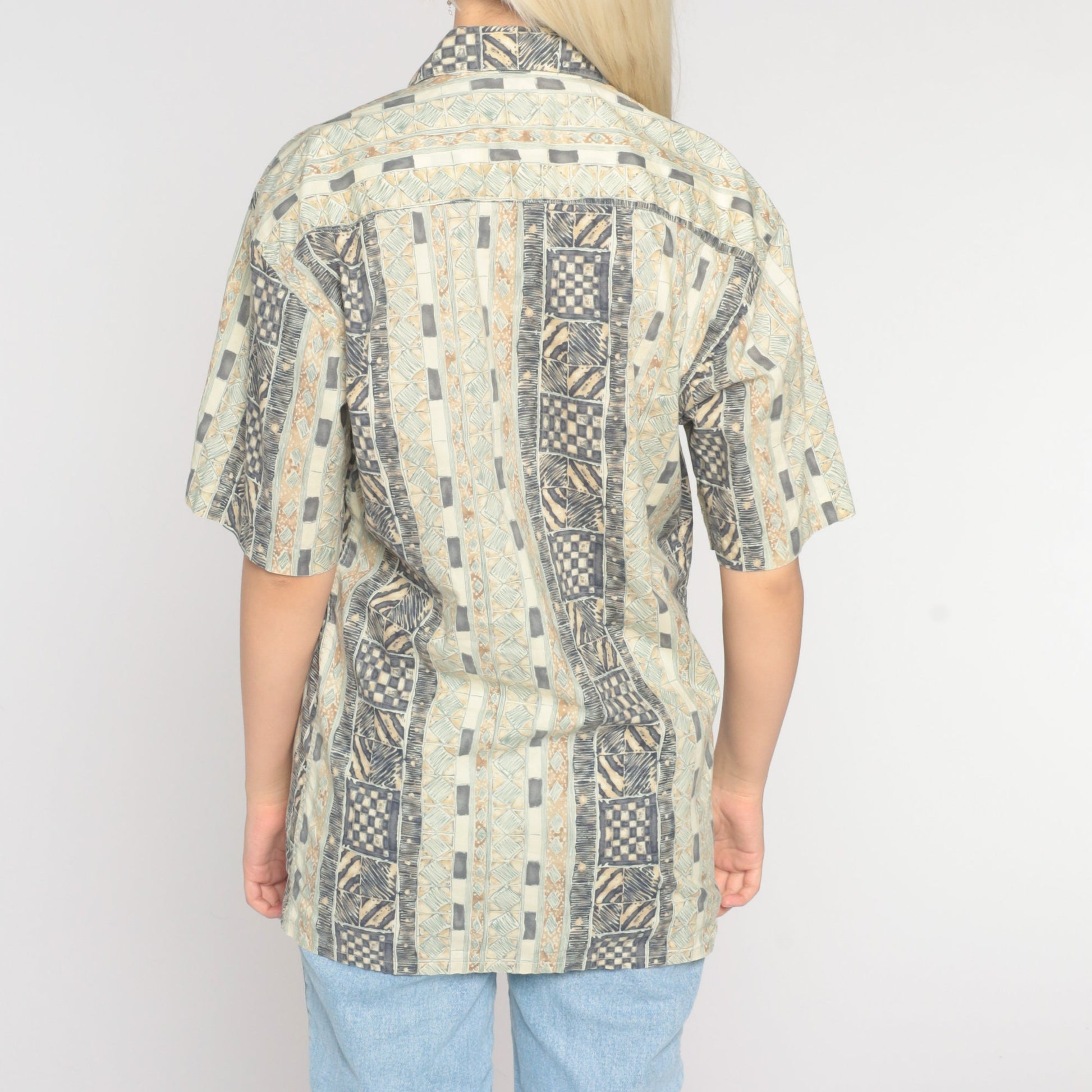 90s Geometric Zebra Print Button-Up Blouse Brown Beige Cotton Medium