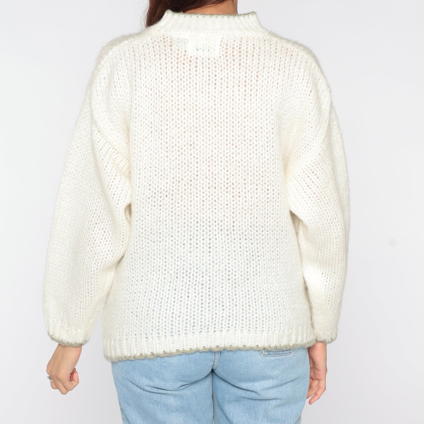 80s Geometric Mock Neck Sweater White Knit Pullover Small S