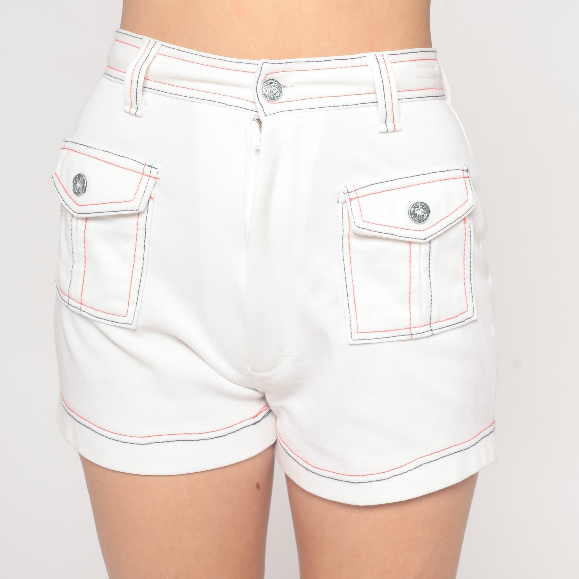 70s White Hotpants High-Waisted Shorts Red Blue Stitching Extra Small